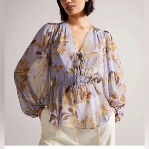 Ted Baker Purple Harpier Floral Tie Front Blouse Top Blouson Puff Sleeve Boho XS